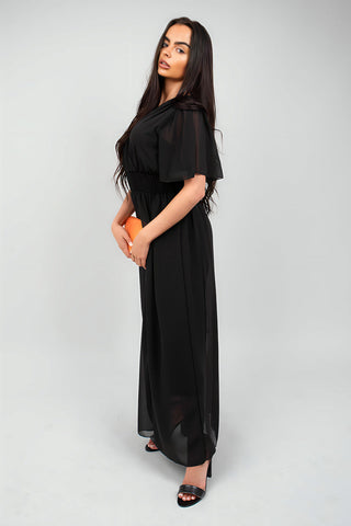 Smocked Waist V Neck Short Sleeve Flowy Maxi Dress