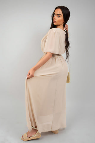 Smocked Waist V Neck Short Sleeve Flowy Maxi Dress