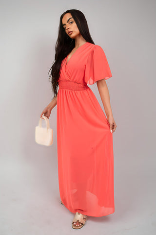 Smocked Waist V Neck Short Sleeve Flowy Maxi Dress