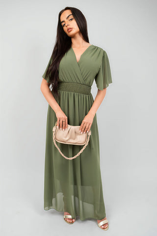 Smocked Waist V Neck Short Sleeve Flowy Maxi Dress