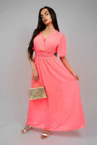 Smocked Waist V Neck Short Sleeve Flowy Maxi Dress