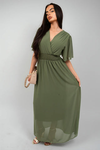 Smocked Waist V Neck Short Sleeve Flowy Maxi Dress