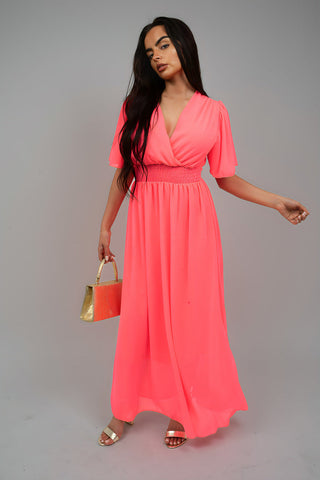 Smocked Waist V Neck Short Sleeve Flowy Maxi Dress