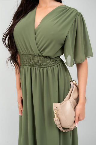 Smocked Waist V Neck Short Sleeve Flowy Maxi Dress