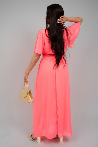 Smocked Waist V Neck Short Sleeve Flowy Maxi Dress