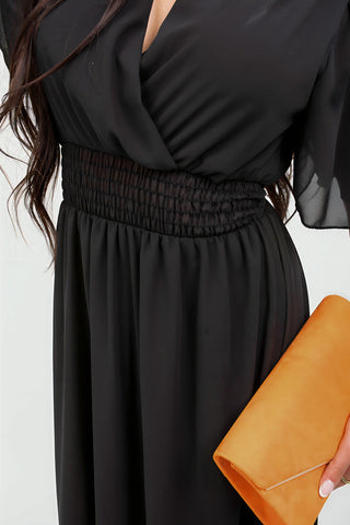 Smocked Waist V Neck Short Sleeve Flowy Maxi Dress