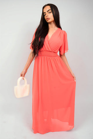 Smocked Waist V Neck Short Sleeve Flowy Maxi Dress