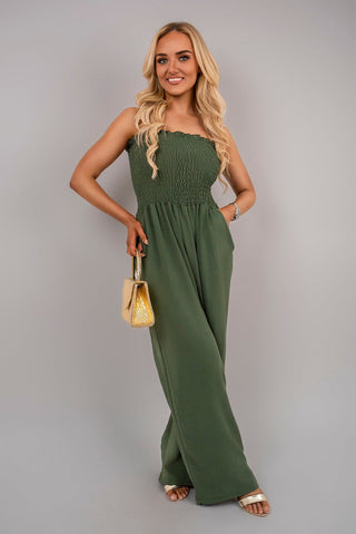 Strapless Shirred Bandeau Wide Leg Jumpsuit