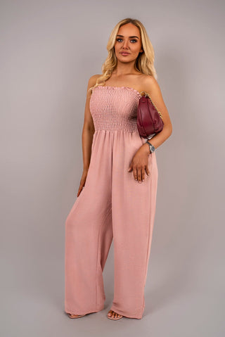 Strapless Shirred Bandeau Wide Leg Jumpsuit