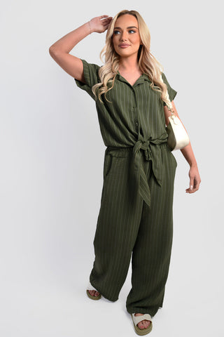 Striped Button Down Tie Front Top and Trouser Co-ord Set