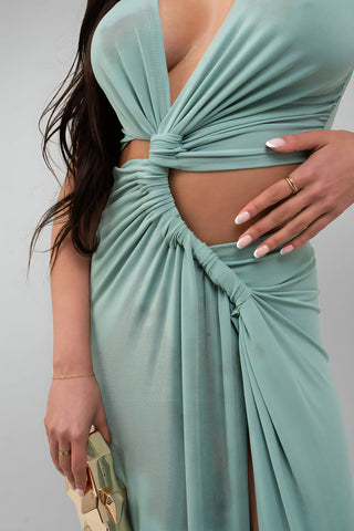 Twist Detail Plunge Split Leg Cut Out Maxi Dress