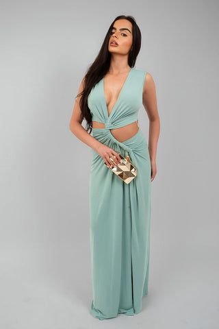 Twist Detail Plunge Split Leg Cut Out Maxi Dress