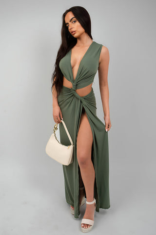 Twist Detail Plunge Split Leg Cut Out Maxi Dress