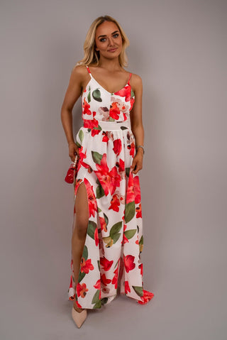V Neck Spaghetti Strap Maxi Dress with Floral Print