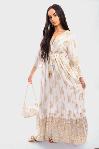 V-neck Tassel Detail Embellished Boho Maxi Dress