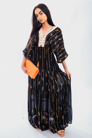 V-Neck Tassel Printed Detail Maxi Dress