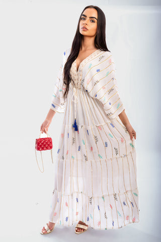 V-Neck Tassel Printed Detail Maxi Dress