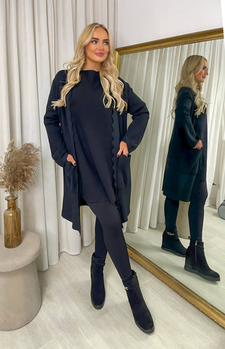 Wave Trim Knitted Cardigan with Front Pockets