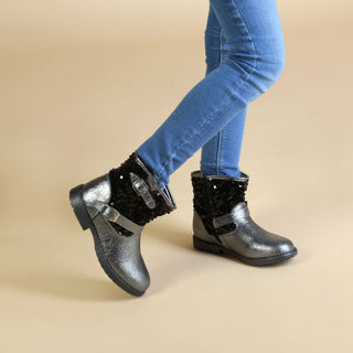 Metallic silver and black sequined ankle boots.