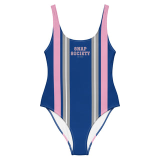 Blue and pink striped swimsuit.